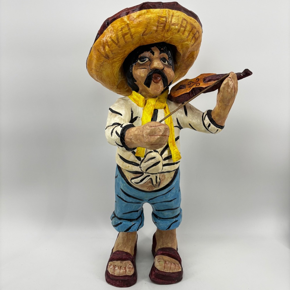 Vintage Mexican Folk Art Papier Mache Mariachi Violinist Viva Zapata 18in